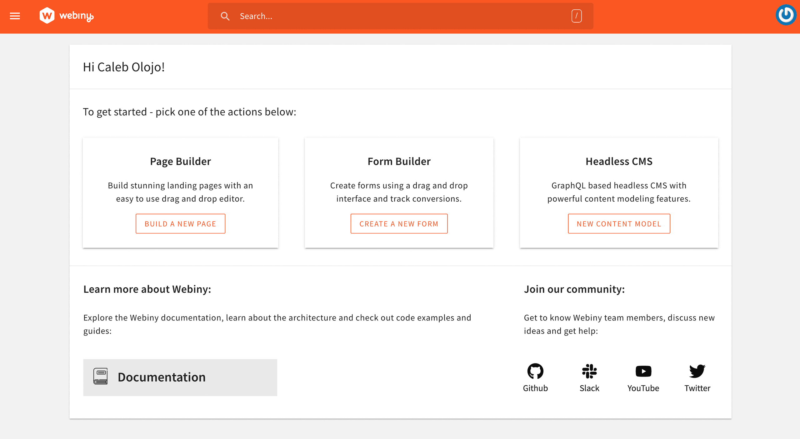 Webiny's dashboard