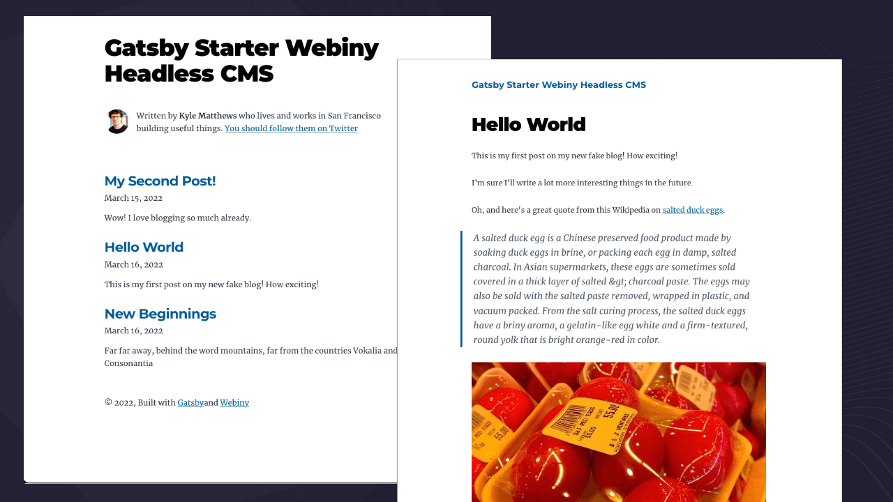 Gatsby starter rendered from a Webiny backend